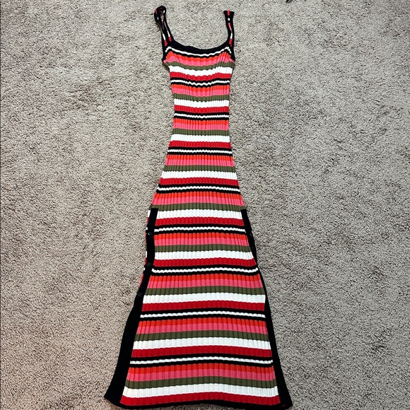 SOLID & STRIPED Red Pink Green Striped Ribbed Midi Dress - Picture 4 of 15